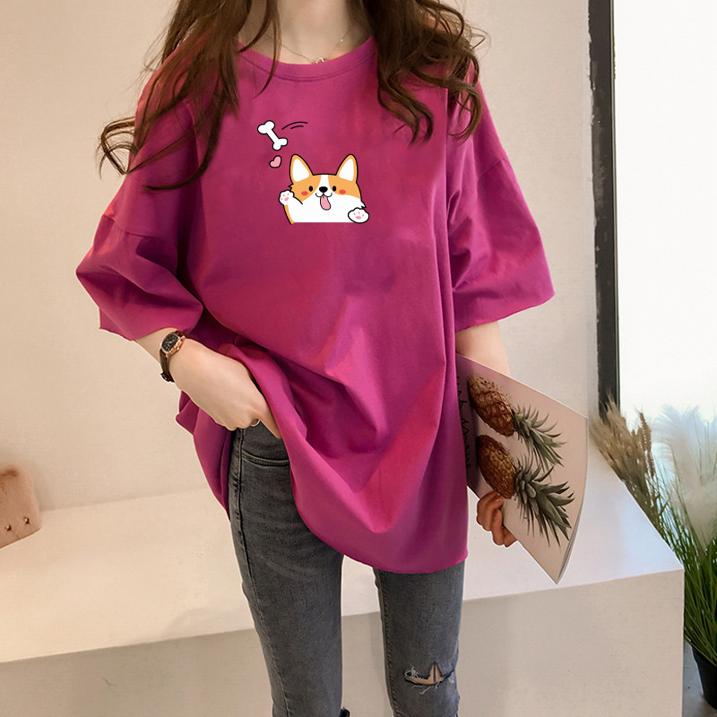 Guantuke double ground milk silk summer T-shirt short sleeve student lazy printing medium long T-shirt