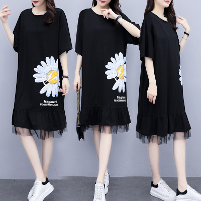 Large size women's clothing 2021 summer new fat mm loose cover belly show thin medium length over knee short sleeve dress fashion