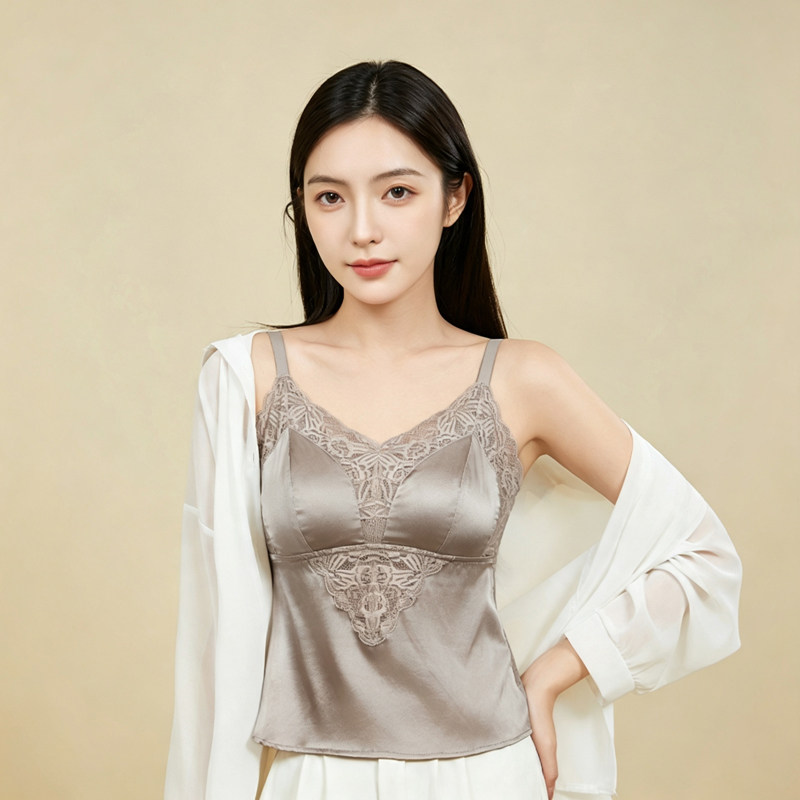 法式蕾丝真丝美背外穿吊带背心