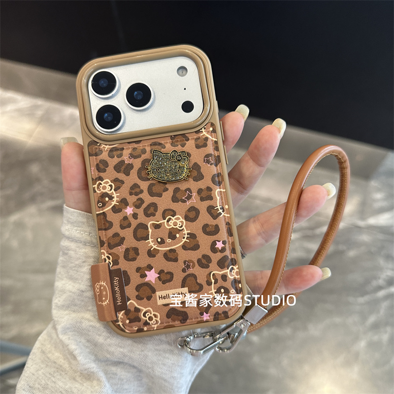 宝酱家·秋冬棕豹纹钻钻KT头适用16/17iPhone手机壳13苹果14promax软壳15创意新款13pro保护套