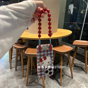 15iPhone手机壳13苹果14promax软壳15创意新款 宝酱家·撞色红蓝格钻钻猫咪支架适用16 13pro保护套