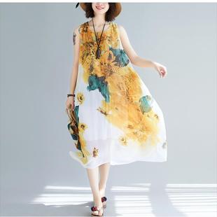 海南三亚海边度假沙滩裙大码 背心裙女夏 洋气显瘦雪纺连衣裙子长款