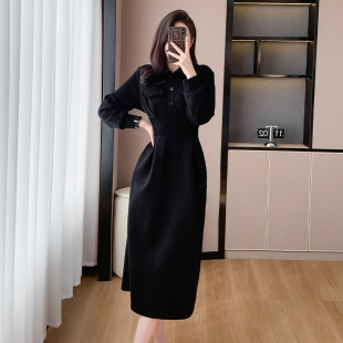 黑色气质休闲长袖 长裙高级感赫本风裙子 连衣裙女秋冬收腰显瘦法式