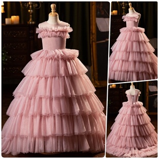 高端粉色蛋糕裙儿童礼服演出服女童公主裙中大童连衣裙裙钢琴主持