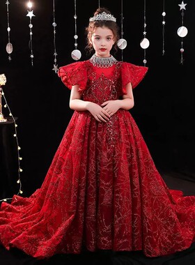 高端儿童走秀礼服红色连衣裙大拖尾公主裙女童钢琴演奏演出服主持