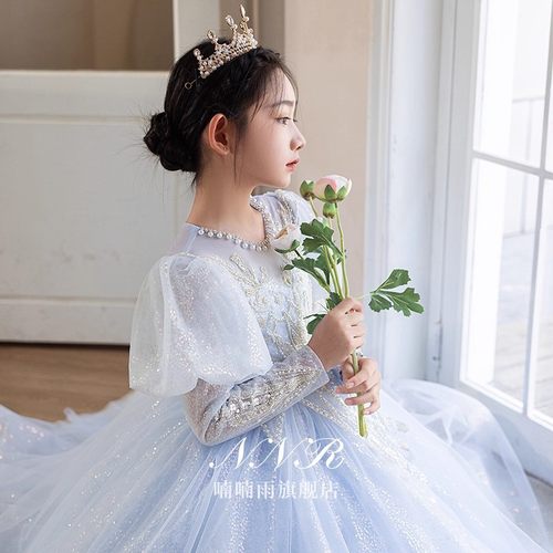 女童礼服蓝色高端长袖花童婚礼