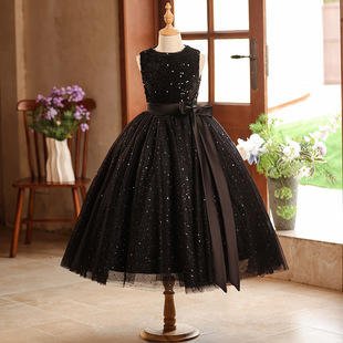 青少年礼服女童连衣裙显瘦黑色气质长裙公主裙钢琴演奏主持人艺考