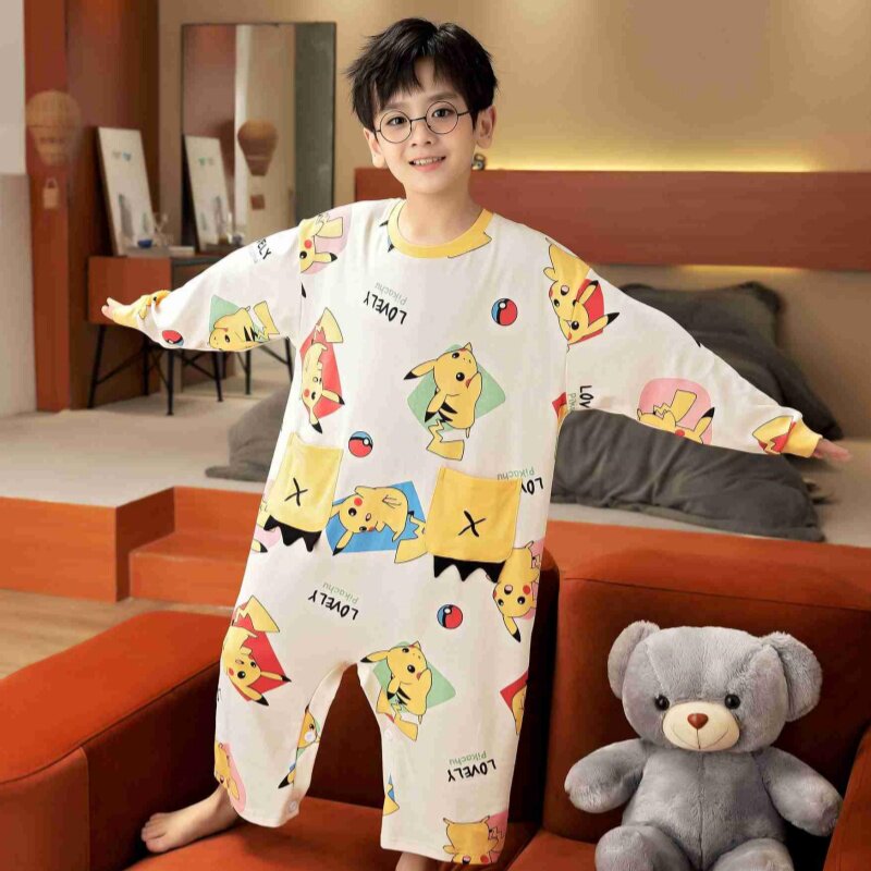 皮卡丘男童连体睡衣春秋季纯棉男孩长袖宝宝爬行服儿童睡袋家居服