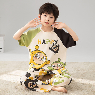 卡通儿童睡衣男孩薄款夏季纯棉短袖长裤中大男童青少年空调家居服