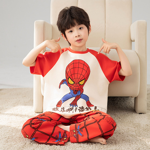 蜘蛛人夏季儿童睡衣男童短袖长裤纯棉中大童男孩套装青少年家居服