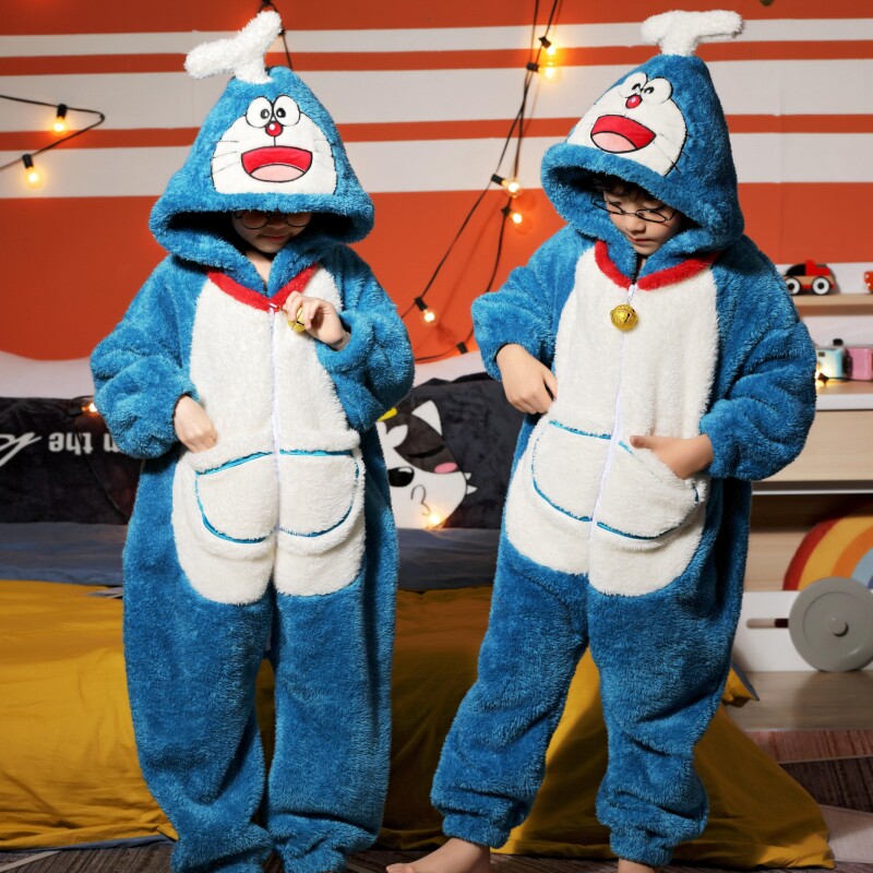 卡通猫儿童连体睡衣男童冬季法兰绒宝宝睡袋珊瑚绒长袖女孩家居服