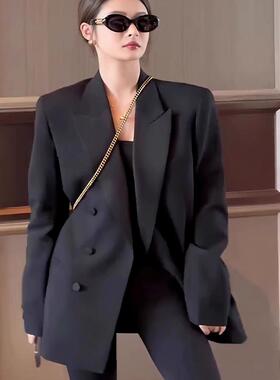 黑色小西装外套女小个子春秋季新款宽松中长款气质休闲上衣女西服