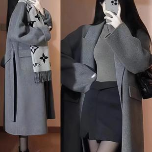 毛呢外套女显瘦冬季加厚韩版灰色宽松风衣气质长款小个子呢子大衣