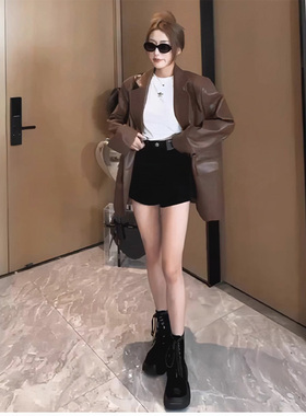 咖色皮衣西装外套宽松休闲港风春秋款皮小个子长袖机车夹克上衣女