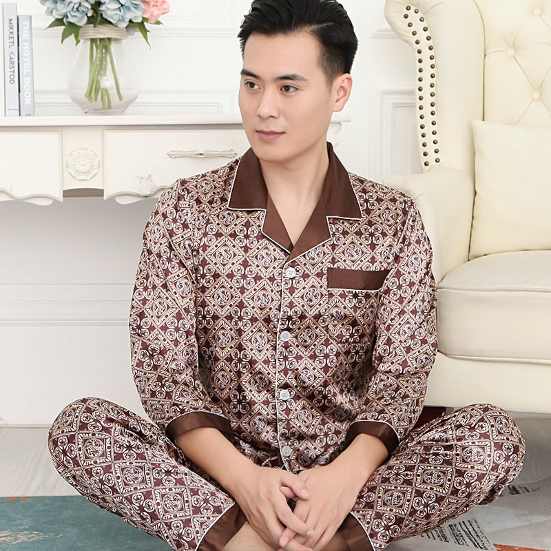 夏季睡衣男款春秋冰丝长袖秋季中老年男士2025新款老人爸爸家居服