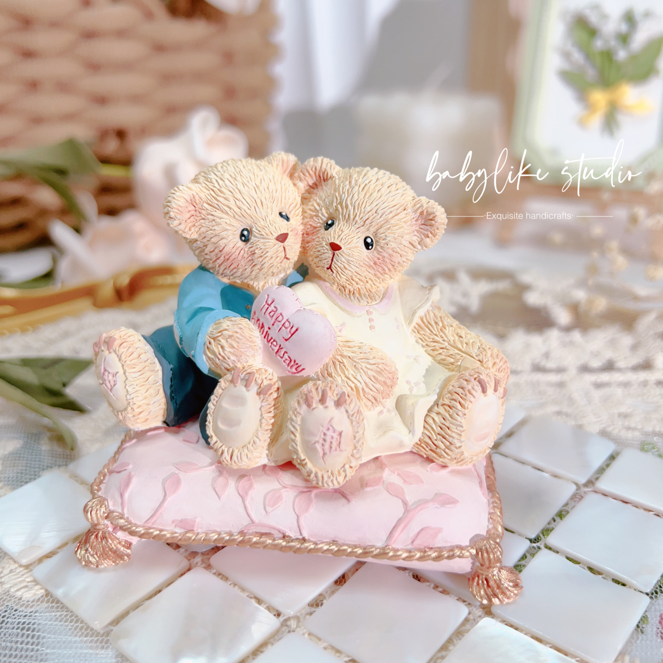 情侣迷你珍爱熊桌面小摆件香薰石膏娃娃白胚diy涂色创意手工礼物