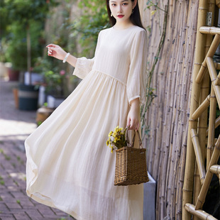 高支纯苎麻连衣裙文艺大码宽松七分泡泡袖收腰大摆飘逸棉麻度假裙