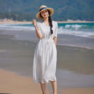 高端纯苎麻连衣裙夏新款文艺V领系带收腰大摆仙气飘逸棉麻连衣裙