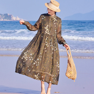 高端苎麻印花连衣裙女2026春夏新款文艺轻薄大摆收腰棉麻碎花长裙