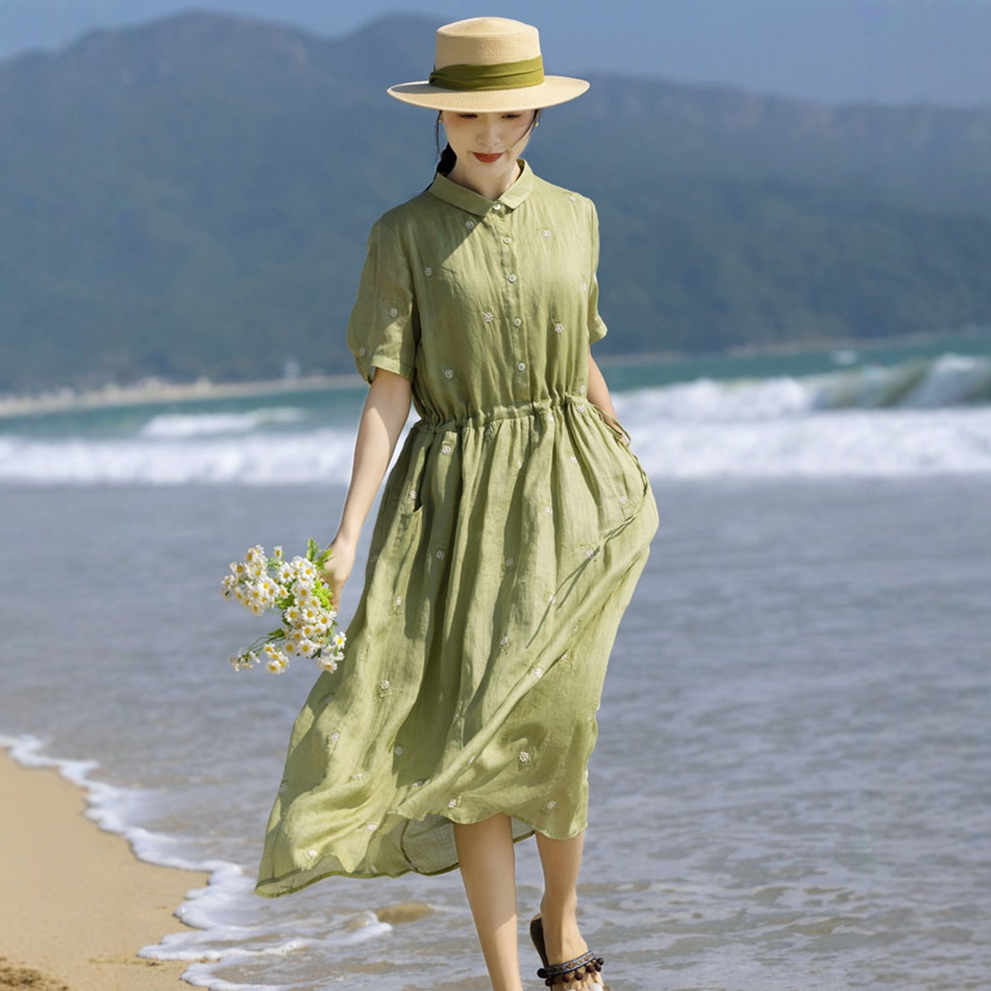 2026夏季新款高端苎麻刺绣连衣裙宽松轻薄飘逸大摆旅游度假长裙女,女装/女士精品,连衣裙,淘宝优惠券,粉丝福利购,淘宝优惠卷