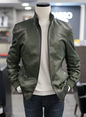 0130秋款BASSO意大利进口面料绿色立领拉链羊皮真皮短款皮衣Q