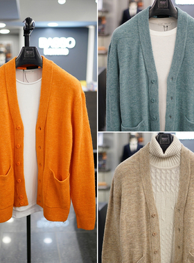 0101秋款BASSO橘色棕色V领微弹力男士羊毛混纺针织开衫3色