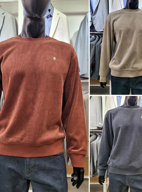 2025冬装新品OLZEN藏青色圆领灯芯绒卫衣长袖T恤3色加大码190码