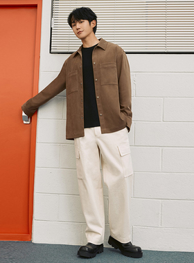 丁海寅明星同0101秋Mind Bridge心桥乳白色纯棉斜纹工装长裤男