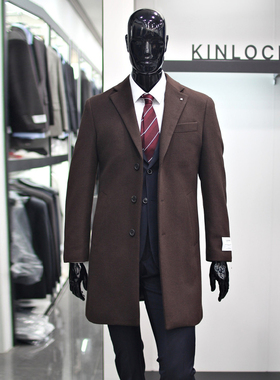 特价26折0101冬款KINLOCH棕色羊绒混纺内衬半夹棉翻领毛呢大衣男