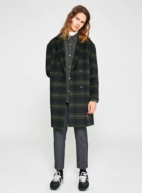 #国内现货175码特价韩国跑男刘在石同款秋冬FRJ格纹羊毛呢大衣男