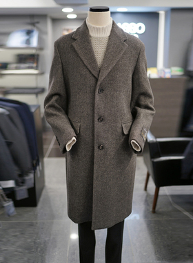 2025年冬季新款BASSO棕色斜纹翻领羊毛混纺韩版休闲长款毛呢大衣