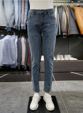 0130春款BASSO韩版休闲修身瘦腿牛仔蓝磨白复古蓝水洗牛仔裤男