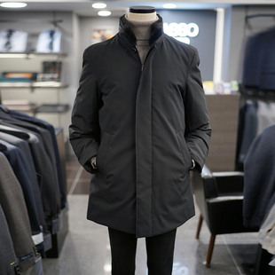 0130冬季新款BASSO黑色纯色立领可拆卸貂毛领子鹅绒羽绒服男款