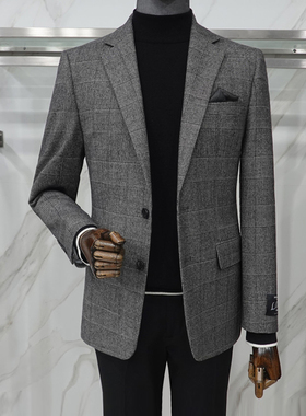 0120秋冬款liberclassy灰色英伦格纹羊毛西服外套加大190码