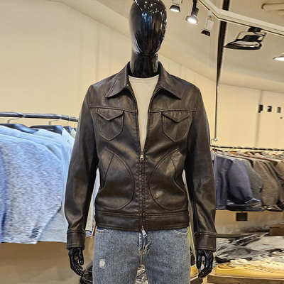 2024秋冬新款黑色宽松翻领皮衣