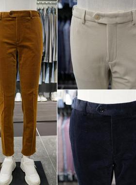 0101冬BASSO橘棕色深宝蓝色乳白色条绒灯芯绒松紧腰休闲裤长裤男