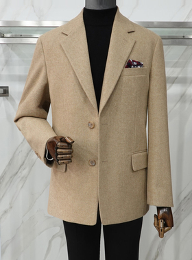 0120秋冬款liberclassy米色纯色翻领双扣后中开叉羊毛西服外套