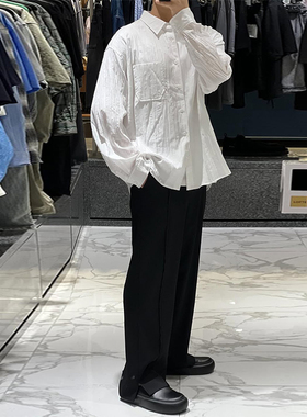 2025年秋新款SOLID HOMME韩国代购高端男装白色纯色褶皱长袖衬衫Q