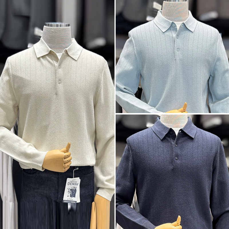 时尚波浪纹长袖针织POLO衫4色