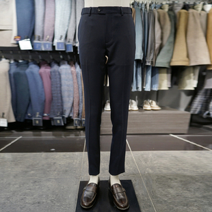 商务长裤 男士 子 BASSO藏青色纯色弹力松紧腰休闲裤 0325春款