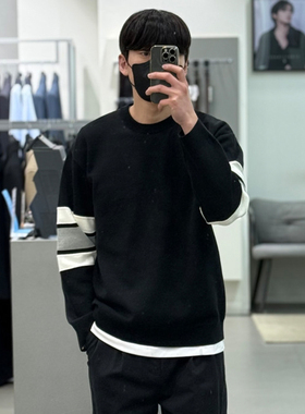 0322春新Liberclassy黑色圆领背面艺术图案棉混纺长袖针织衫