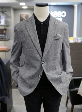 0305春款BASSO灰色棉麻混纺双扣平驳领商务休闲西服上衣男士