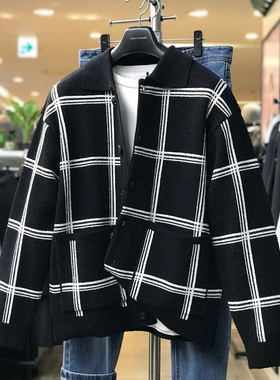 0321春款Liberclassy黑色格纹翻领单排扣日常休闲长袖针织衫