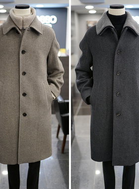 0130冬BASSO炭灰色羊毛混纺可拆卸针织领假两件中长款毛呢大衣