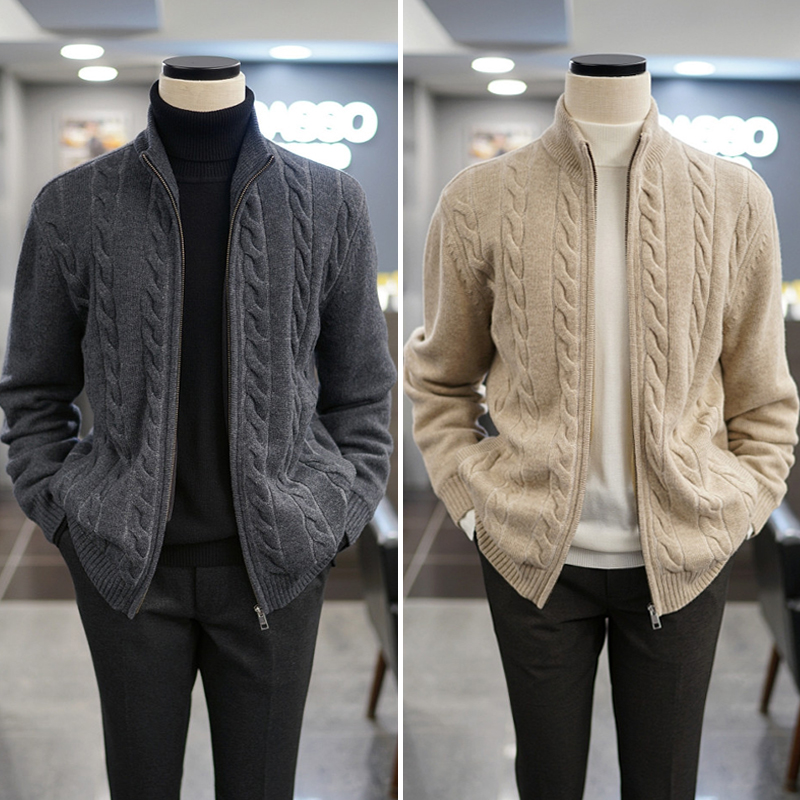 2025年冬季新款BASSO炭灰色米色立领麻花编织纯羊毛拉链针织开衫