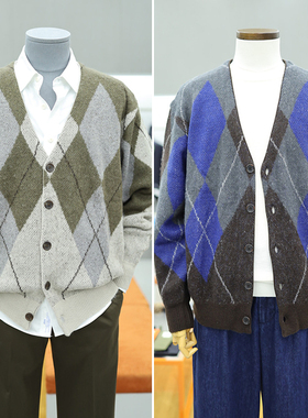 0120秋款BON米色棕色V领菱形格纹羊毛混纺针织开衫外套2色