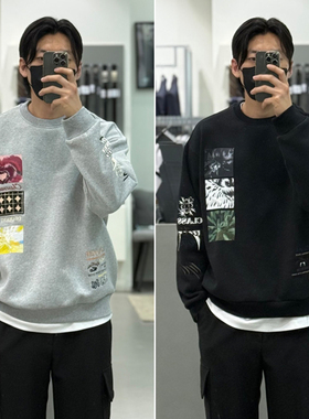 0120冬装新款Liberclassy灰色弹性宽松套头刺绣贴纸图案圆领卫衣