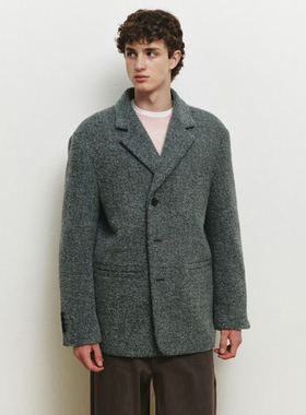 0101冬Mind Bridge心桥灰色羊毛混纺双排扣休闲宽松短款毛呢大衣