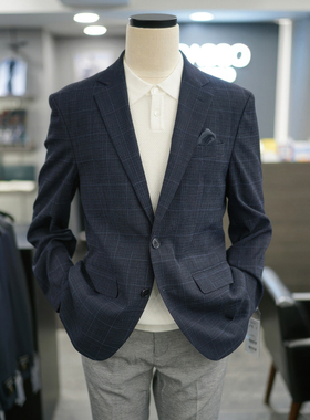 2026年夏季新款BASSO韩版男青年藏蓝色大格纹职业上班休闲西服