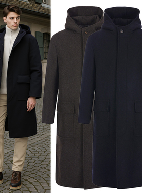 DR1204冬装5折特价ZIOZIA韩版学院连帽内衬夹棉长款毛呢大衣男2色